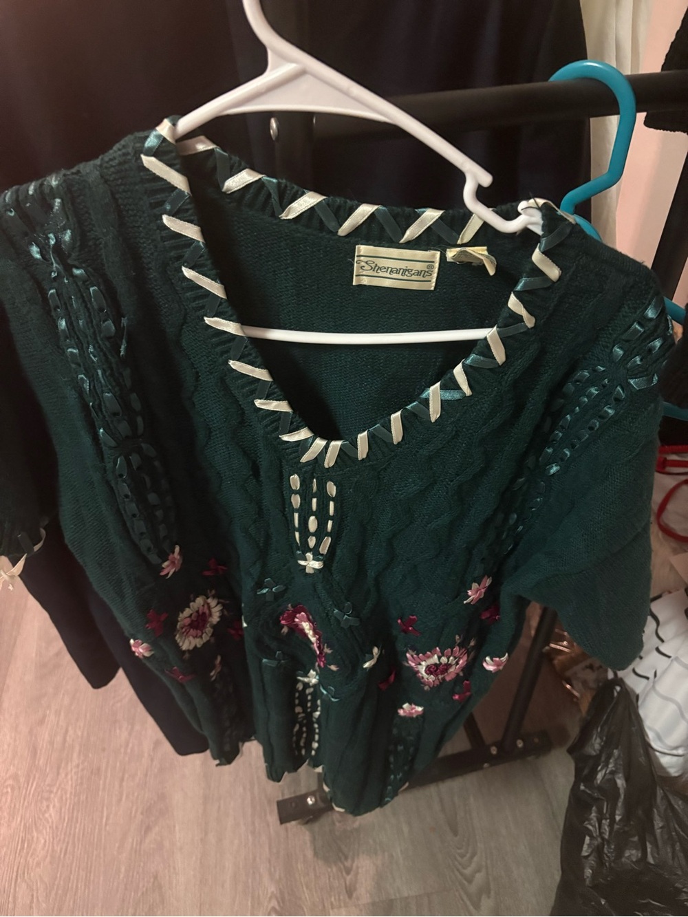 Deep Green Embroidered V-Neck Sweater